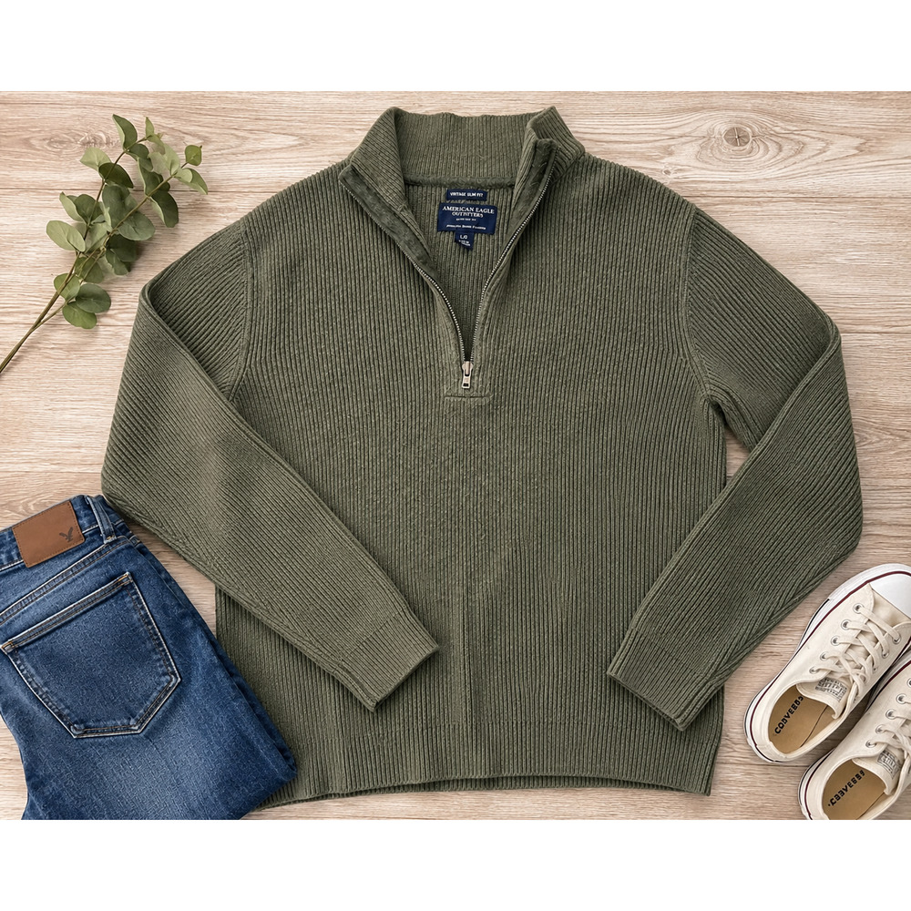 American Eagle Vintage Slim Fit Quarter Zip Sweater Green Ribbed Men’s L